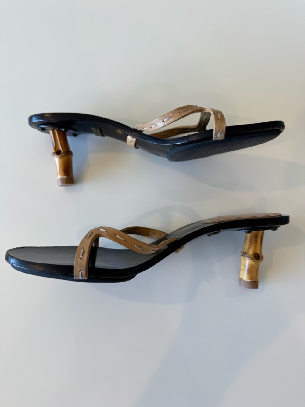 Vintage Gucci Tom Ford Bamboo Heel Black Leather Slip On Mules Sandals 6 Y2K - Picture 2 of 8